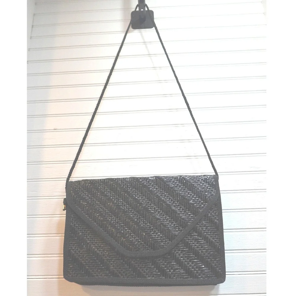 Vintage Garfinckel's Raffia Woven Purse Made in Italy Large Black Shoulder Bag